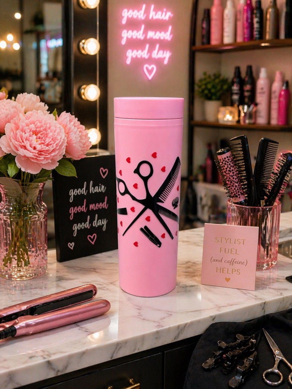 Pink Stylist Scissors & Comb Stainless Travel Tumbler